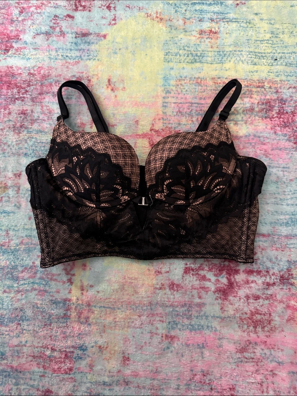 Adore Me Black Lace Longline Bra with Nude Underlay